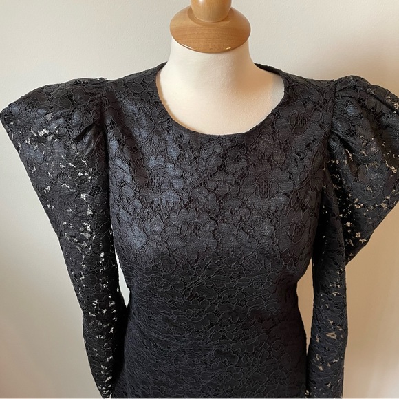 NWT EXPRESS Black Lace Puff Sleeve Fit and Flare Dress - Picture 5 of 9